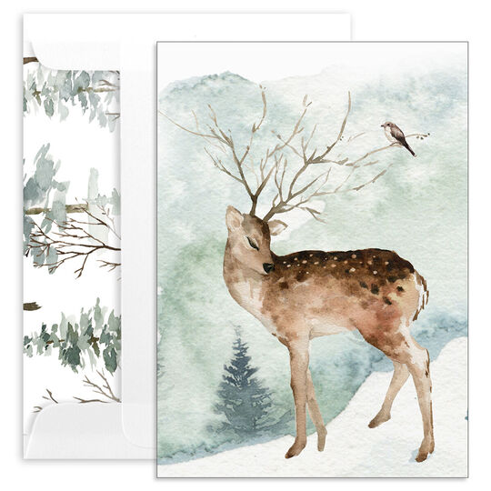 Deer and Bird Folded Holiday Cards